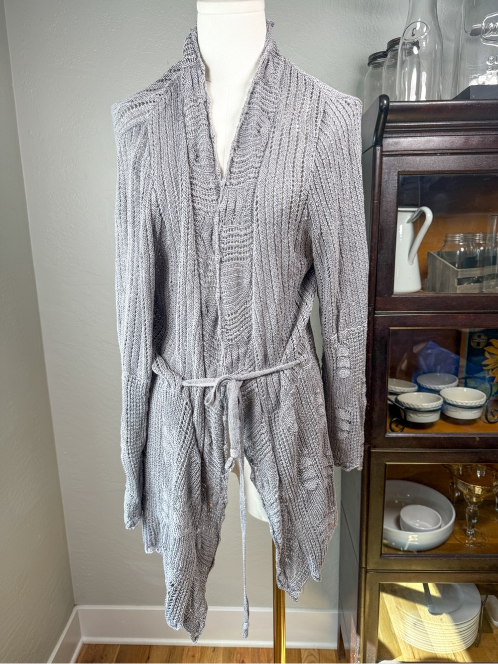 Coldwater Creek Gray Open Knit Linen Blend Tie Front Cardigan Sweater Size XL